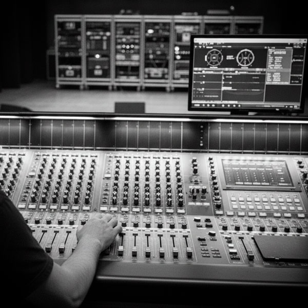 Fotografía en blanco y negro de detalle de mesa de control